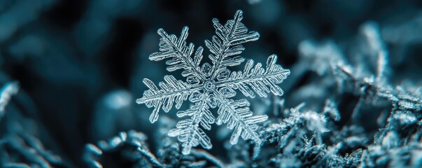 Aufkleber - A detailed close-up of a delicate snowflake resting on icy surface, showcasing intricate patterns and unique structure.