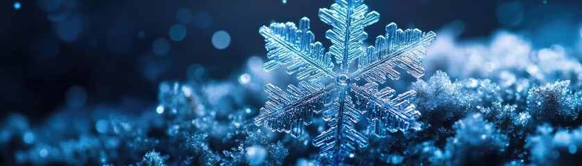 Poster - Close-up of a delicate snowflake resting on a bed of frosty snow, showcasing intricate crystalline structures and blue hues.