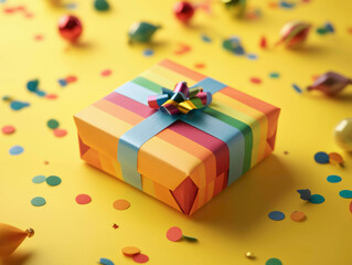 A bright rainbow-striped gift box with a vibrant blue ribbon sits on a cheerful yellow background. Scattered confetti and festive ornaments surround the box, adding joy and celebration.