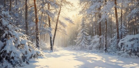 A serene winter forest scene, with snow-covered trees and a sunlit path inviting tranquility and peace in the snowy landscape.