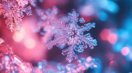 Poster - A stunning close-up of a snowflake showcasing intricate patterns and vibrant colors against a blurred background, perfect for winter themes.