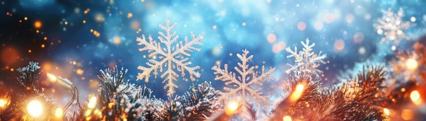 Aufkleber - Magical winter scene featuring sparkling snowflakes and shimmering lights against a vibrant blue background.