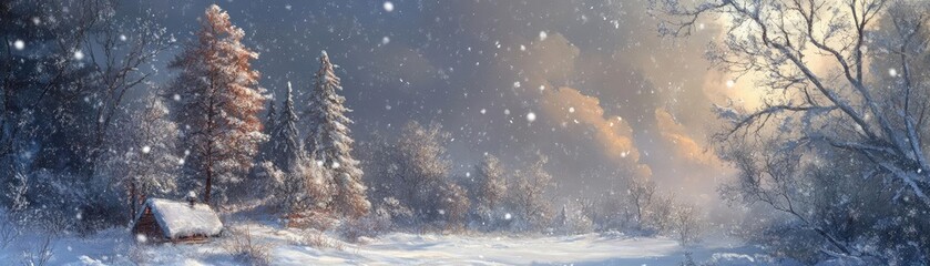 Aufkleber - Serene winter landscape with snow-covered trees, a cozy cabin, and soft sunlight breaking through the clouds.