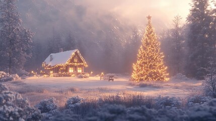 Aufkleber - A serene winter scene featuring a cozy cabin and a beautifully lit Christmas tree amidst snow-covered landscapes.