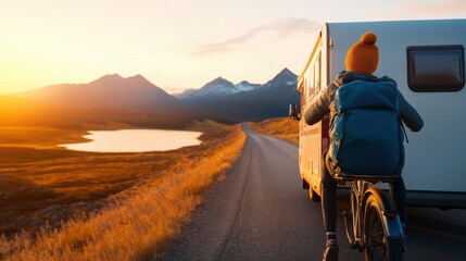 Adventurous road trip in a campervan or motorhome towards a stunning mountain and lake landscape at the golden hour of sunrise  The RV is parked on a remote highway