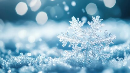 Aufkleber - A delicate snowflake rests on a blanket of soft snow, shimmering in the cool winter light, evoking the serenity of cold seasons.