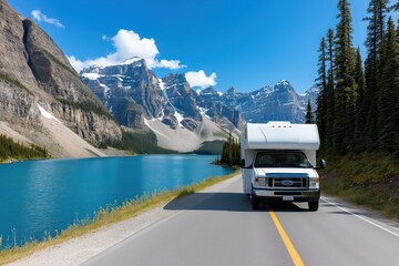 Breathtaking panoramic view of a serene mountain lake surrounded by rugged alpine peaks and pristine wilderness with a campervan traveling along the scenic road through the picturesque landscape