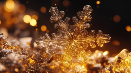 Poster - A beautiful, intricate snowflake resting on a sparkling golden background, showcasing the delicate details of winter's beauty.
