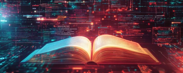 Aufkleber - An open book with vibrant digital graphics, symbolizing knowledge and technology merging in a modern world.