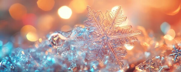 Poster - A delicate snowflake rests atop shimmering ice, reflecting vibrant colors, capturing the essence of winter beauty and magic.