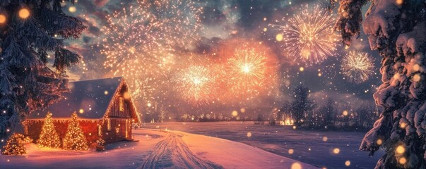 Poster - A serene winter scene with a cozy cabin, vibrant fireworks illuminating the night sky, and snow-covered landscape.