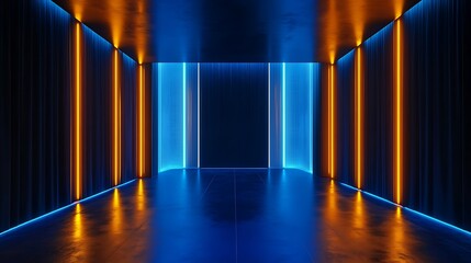 Wall Mural - Neon Glow in Empty Room with Black Curtains