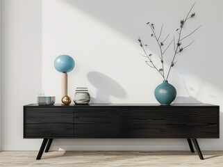 Minimalist living room interior with black sideboard, blue decor and empty wall. Modern stylish home design.