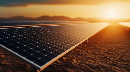 Vast solar energy farm with rows of photovoltaic panels stretching across a rural landscape at dusk glowing with the warm light of the setting sun on the horizon