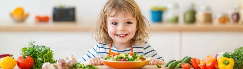 Wall Mural - A joyful child enjoys a colorful salad surrounded by fresh vegetables in a bright kitchen setting.