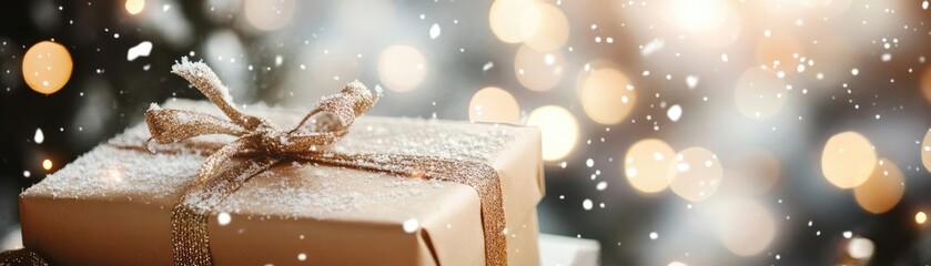 Aufkleber - A beautifully wrapped gift box surrounded by shimmering lights and falling snowflakes, creating a festive and magical atmosphere.