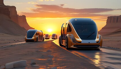 Futuristic electric bus traversing a desert landscape at sunset, highlighting advanced transportation technology with a sleek and modern design