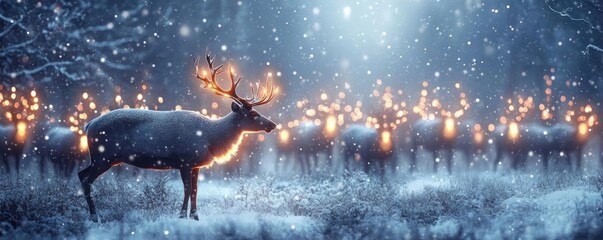 Aufkleber - A serene winter scene featuring a deer surrounded by glowing lights, evoking a magical, festive atmosphere in the snow.