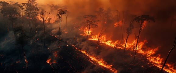 Aerial view of a wildfire burning through a forest, showing smoke and flames engulfing trees.