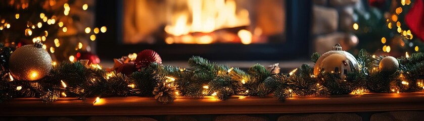 Aufkleber - Warm and cozy Christmas decoration with lights and ornaments by a roaring fireplace, creating a festive atmosphere.