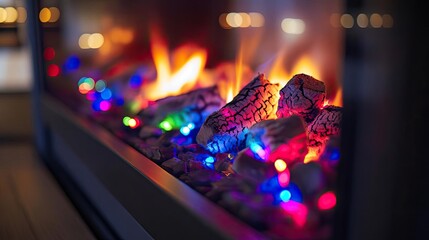Poster - A cozy scene featuring a modern fireplace with vibrant lights, creating a warm and inviting atmosphere perfect for relaxation.