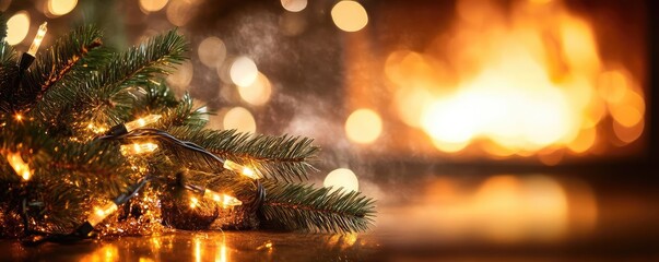 Poster - A cozy Christmas scene featuring a beautifully lit evergreen branch near a warm, glowing fireplace, perfect for holiday spirit.