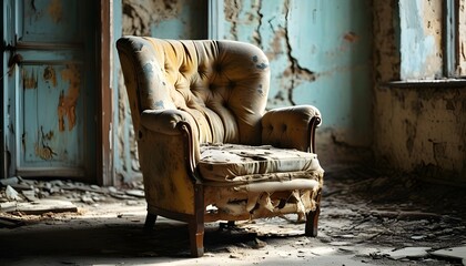 Wall Mural - Haunting image of an old abandoned chair in a cracked, dilapidated house, evoking memories of the past and neglect.