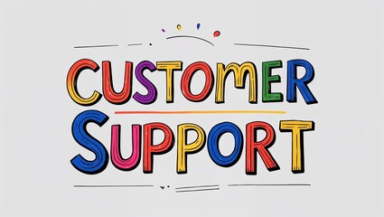 customer support colorful hand drawn lettering art design on plain white background