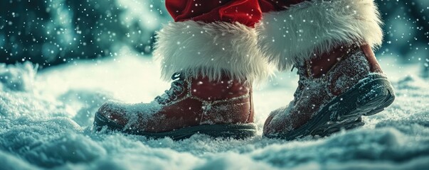 Poster - Close-up of festive boots in the snow, evoking a winter wonderland and holiday spirit with soft snowfall in the background.
