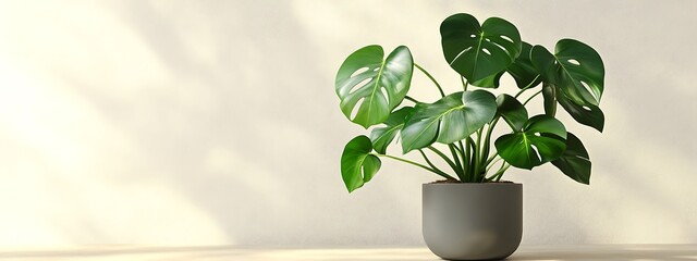 Wall Mural - A large, lush Monstera plant with big, bright green leaves in a grey pot against a white wall.