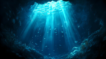 Wall Mural - An underwater cave illuminated by rays of sunlight, with fish swimming through the blue water, creating a mysterious and enchanting scene. Underwater Cave. Illustration