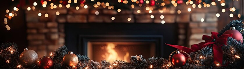 Aufkleber - Cozy Christmas fireplace adorned with holiday decorations and sparkling lights, creating a warm festive atmosphere.