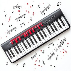 A keyboard with Black Friday banners draped over the keys, surrounded by musical notes, festive and creative, isolated on white background