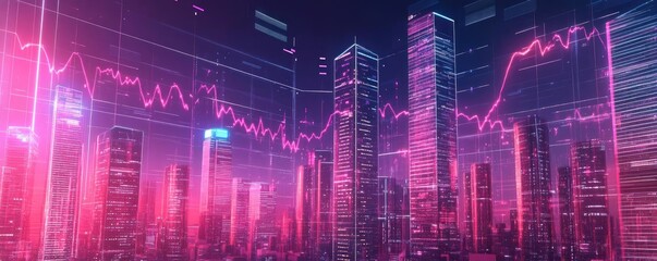 Poster - A vibrant financial cityscape with glowing graphs, representing modern data analysis and market trends in a digital age.