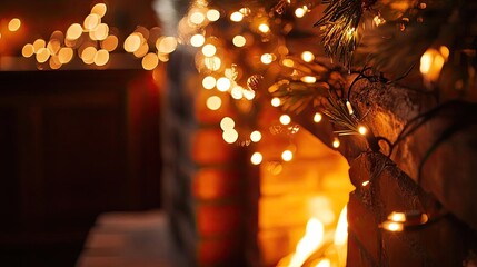 Aufkleber - Warm glowing lights decorate a cozy fireplace, creating a festive atmosphere for winter nights and holiday celebrations.