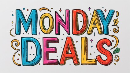 Monday deals colorful hand drawn lettering art design on plain white background