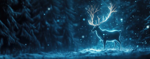 Aufkleber - A mystical deer illuminated by ethereal light, surrounded by a serene winter forest, creating a magical and tranquil ambiance.