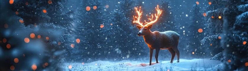 Wall Mural - A majestic deer stands in a snowy forest, illuminated by soft lights and surrounded by falling snowflakes, evoking winter wonder.