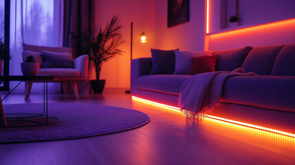  a modern smart light strip in augmented reality, showcasing color customization, smart home compatibility, and energy-saving modes in a stylish living room