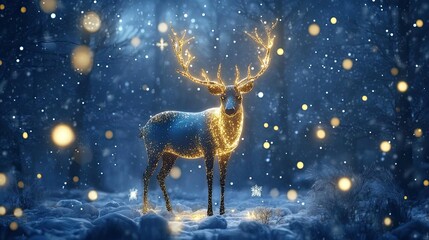 Poster - Magical reindeer surrounded by glowing lights and snowflakes in a winter wonderland, perfect for holiday themes.