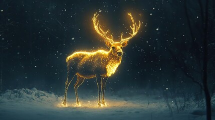 Poster - A magical glowing deer stands in a snowy forest, illuminated by an ethereal light amid falling snowflakes.