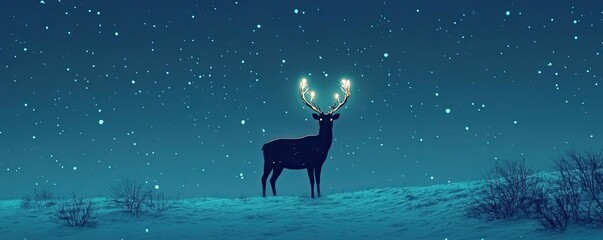 Poster - A mystical deer stands majestically in the snowy landscape, illuminated by sparkling lights against a serene night sky.