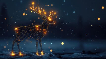 Poster - A magical illuminated deer stands amidst swirling snowflakes in a tranquil winter scene, creating a serene and enchanting atmosphere.
