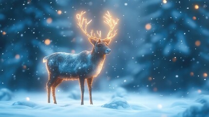 Poster - A serene winter scene featuring a glowing deer against a snowy backdrop, surrounded by softly falling snowflakes and evergreen trees.