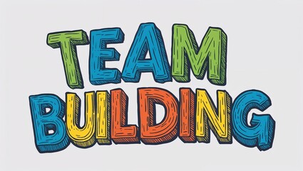 team building colorful hand drawn lettering art design on plain white background