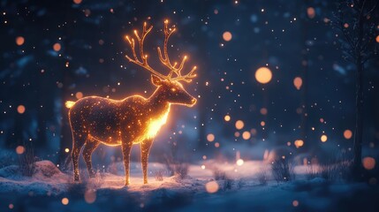 Aufkleber - A glowing deer surrounded by a magical winter wonderland, illuminated by soft lights and falling snowflakes.