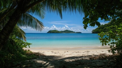 A view of a tropical beach from the shade of palm trees, with soft white sand leading to crystal-clear turquoise waters, and a distant island on the horizon.