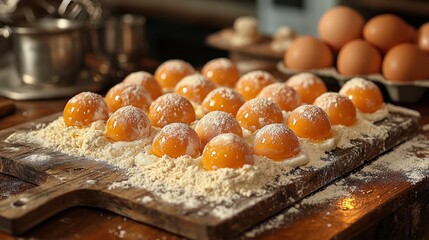 Wall Mural - Fresh Egg Yolks Coated in Flour on a Wooden Cutting Board