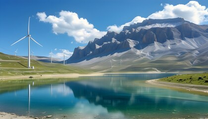 Serene mountain range panorama featuring a pristine lake and wind turbines capturing the gentle breeze