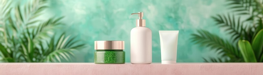 Poster - Green and White Skincare Products on a Pink Shelf with a Tropical Background.